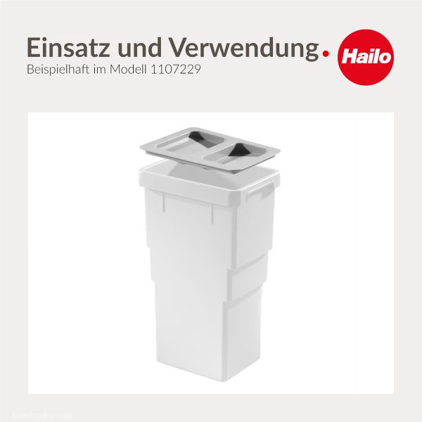 Hailo Logo, Abfalleimer mit Deckel zur Veranschaulichung der Anwendung.
