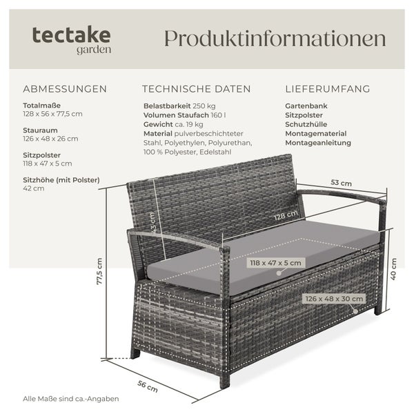 Technische Zeichnung einer Tectake Gartenbank aus Polyrattan mit Sitzpolster, Stauraum und detaillierten Maßangaben.