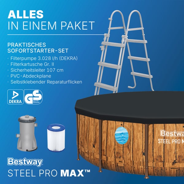 Bestway Steel Pro MAX Pool-Set: Pool in Holzoptik mit Sichtfenster, Sicherheitsleiter, Filterpumpe, DEKRA- und Geprüfte Sicherheit-Siegel.