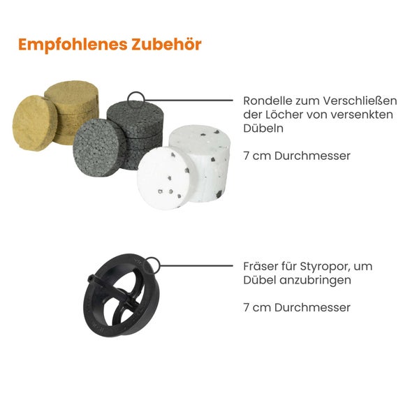 Rondellen zum Verschließen der Löcher von versenkten Dübeln und Fräser zum Anbringen von Dübeln, jeweils mit 7 Zentimeter Durchmesser.
