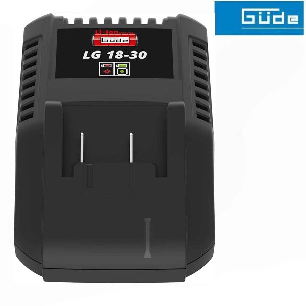 Güde Akku-Ladegerät LG 18-30 für Lithium-Ionen-Akkus mit Ladestandsanzeige. Güde Logo.