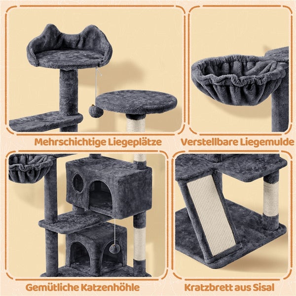 Katzenkratzbaum mit Liegeflächen, Katzenhöhle und Kratzbrett aus Sisal