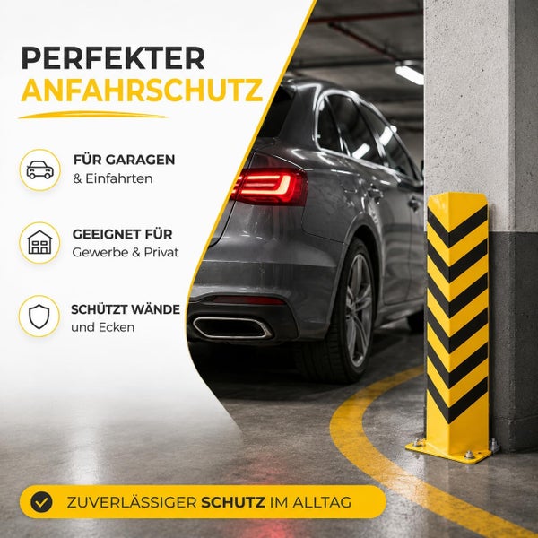 Gelb-schwarzer Anfahrschutz für Ecken in Garagen und Einfahrten, montiert an einer Betonsäule neben einem parkenden Auto.