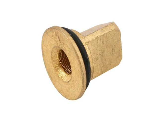 Messing-Fitting mit Innengewinde und schwarzer Gummidichtung.