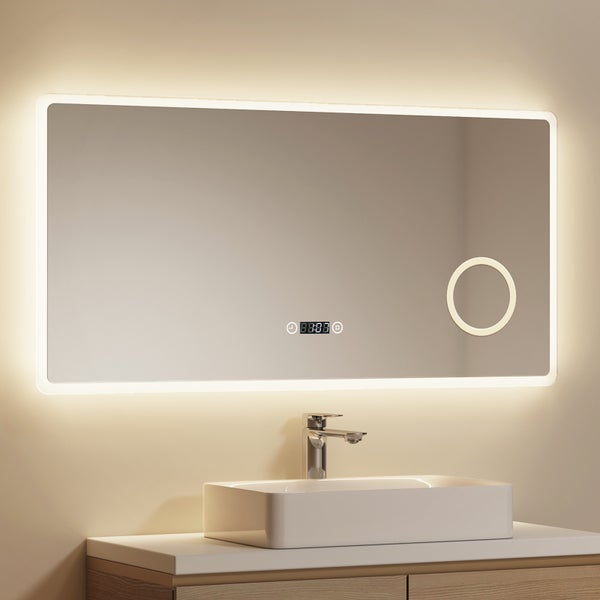 EMKE LED Badspiegel mit Beleuchtung 100 x 60 cm, 5 mm Kupferfreier Silberspiegel, Touchschalter, Anti-Beschlag, LED-Uhranzeige, 3 Lichtfarben, 3-fach Vergrößerung