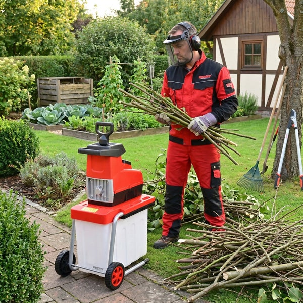 Ein Mann mit Gehörschutz und Gesichtsschutz hält Äste neben einem Häcksler im Garten.
