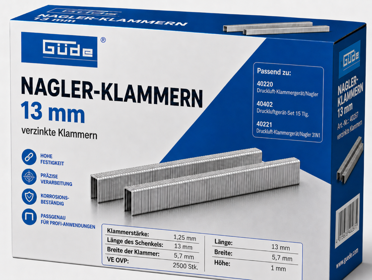 Güde Nagler-Klammern 13 mm, verzinkt, 2500 Stück in der Verpackung. Passend für verschiedene Güde Druckluft-Klammergeräte.