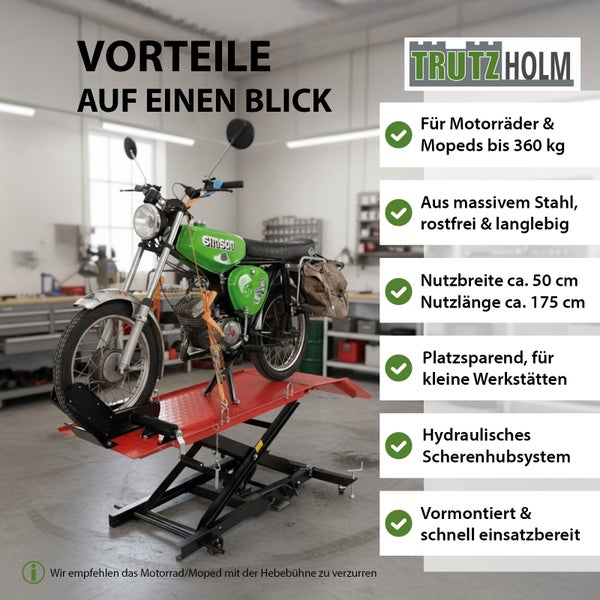 Motorrad auf einer hydraulischen Scherenhebebühne mit dem TrutzHolm Logo und Vorteilen auf einen Blick