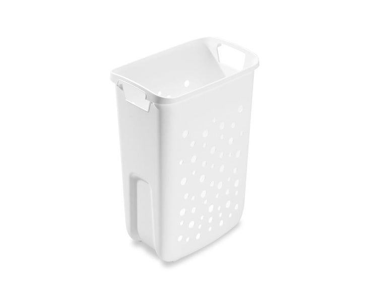 Schmaler Wäschekorb aus weißem Kunststoff mit Tragegriffen und Belüftungslöchern.