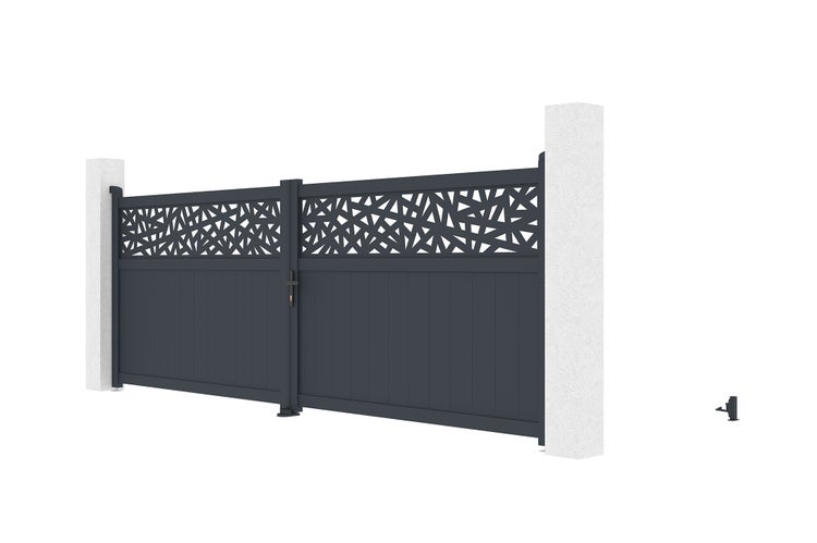Zweiflügeliges Einfahrtstor aus Aluminium mit dekorativem geometrischem Muster im oberen Bereich, Farbe Anthrazit.