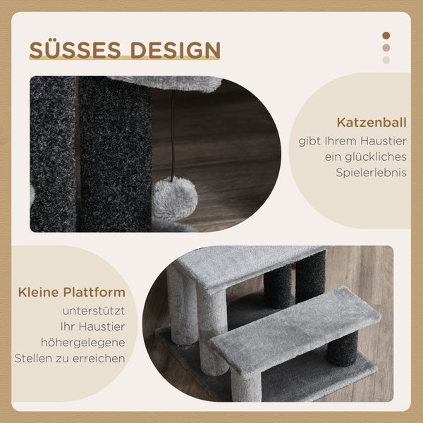 PawHut Katzentreppe 3-stufige Haustiertreppe mit Kratzsäulen Ball Hundetreppe Tiertreppe für Katzen bis 5 kg Plüsch Jute Grau 45 x 40 x 48 cm