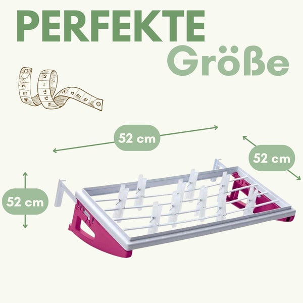 Kompakter Wäscheständer mit Wäscheklammern, Abmessungen 52 Zentimeter mal 52 Zentimeter mal 52 Zentimeter, mit pinkem Rahmen.