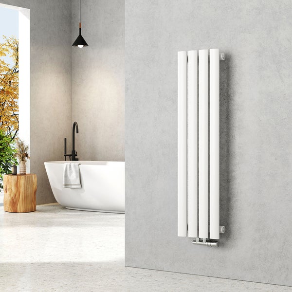 EMKE Badheizkörper 900×240 mm, Vertikal, Designheizkörper Weiß glänzend, Einzelrohr-Ovalprofil, 266 W, Warmwasser, Mittelanschluss, für Badezimmer