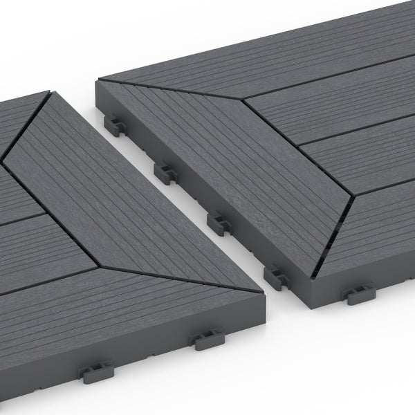 WPC-Klickfliese in Anthrazit mit strukturierter Holzoptik und diagonalem Muster für die Terrasse.