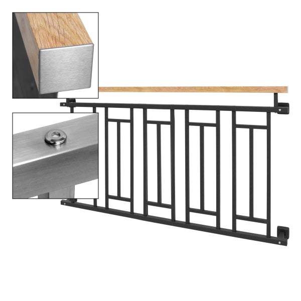 ECD Germany Französischer Balkon 90x156 cm mit 5 Füllelementen, Anthrazit matt, Holzoptik, verzinkter Stahl, Balkongeländer Stabgeländer Balkonbrüstung Balkongitter Fenstergeländer Außen Fenstergitter