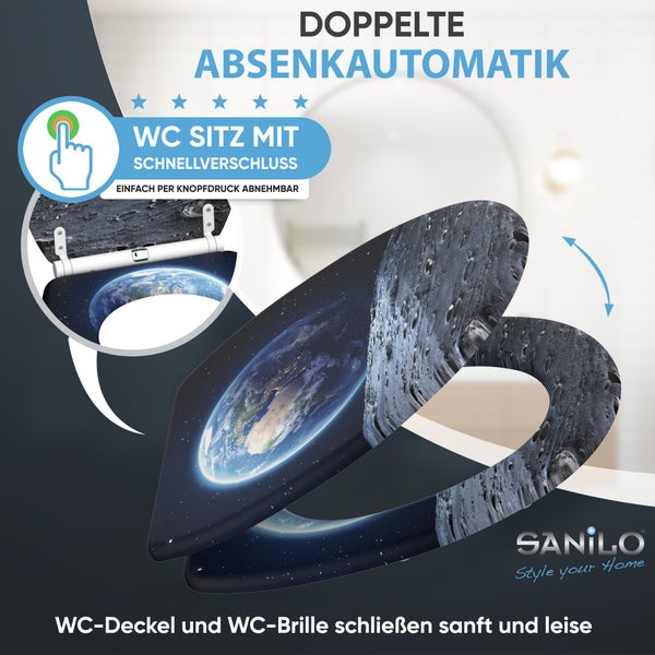 Sanilo WC-Sitz mit Erde-Mond-Motiv, doppelter Absenkautomatik und Schnellverschluss per Knopfdruck.