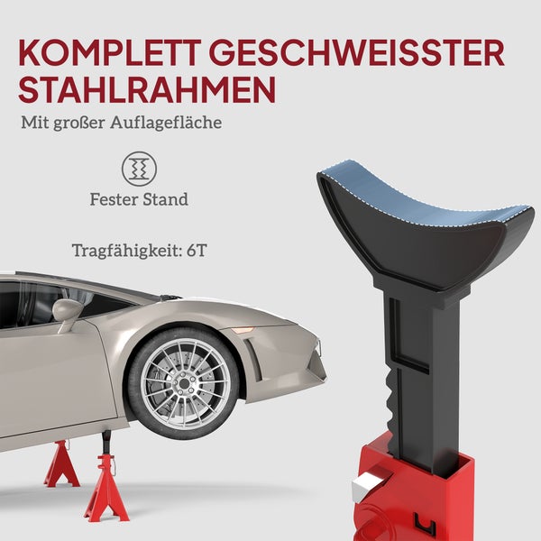 Unterstellbock aus Stahl mit 6 Tonnen Tragfähigkeit, großer Auflagefläche und stabilem Stand, unter einem Auto.