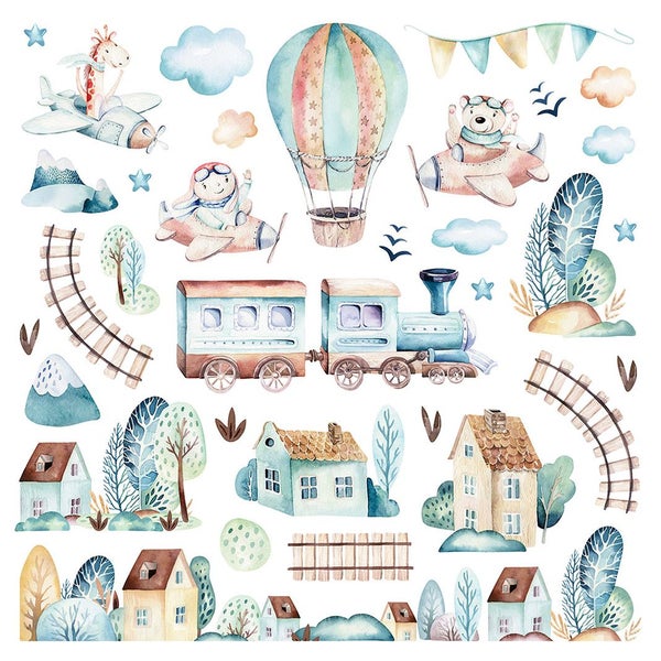 Aquarell-Wandsticker Set mit Tieren in Flugzeugen, einem Zug, Heißluftballon, Häusern und Bäumen für das Kinderzimmer.