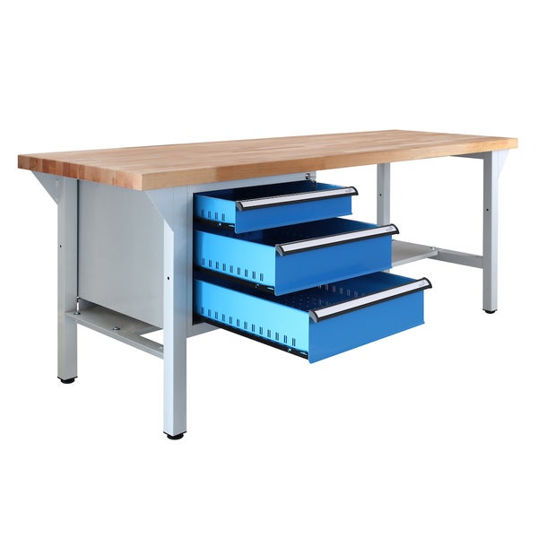 PROREGAL Werkbank Giant Rhino Plus mit 3 Schubladen HxBxT 84 x 200 x 70 cm Traglast 500 kg Lichtgrau Blau