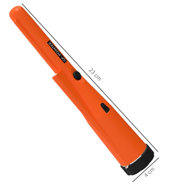 Orangefarbener Metall-Detektor mit den Maßen 23 cm Länge und 4 cm Breite