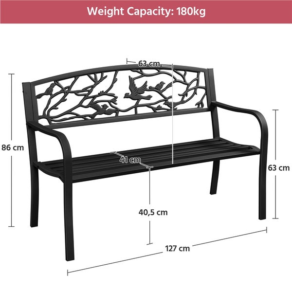 Metallgartenbank mit Vogelmotiv und den Maßen 127 x 63 x 86 cm, Belastbarkeit 180 kg