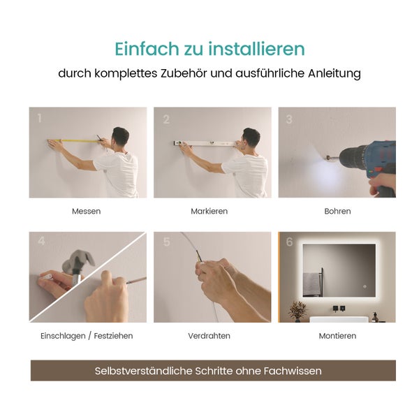 EMKE Badspiegel mit Beleuchtung 80x60 cm, LED Spiegel mit Touchschalter, Anti-Beschlag, 3 einstellbare Lichtfarben, IP44, für Badezimmer
