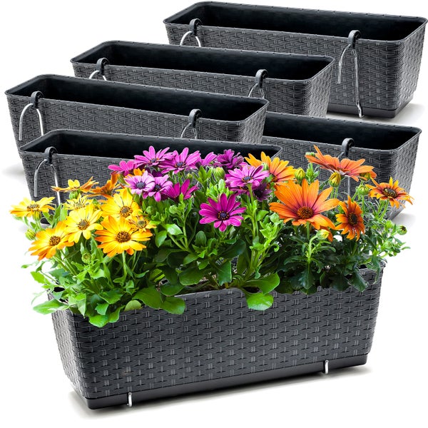 BigDean 6er Set Blumenkästen für Balkon-Geländer - Rattan-Optik - Anthrazit - Balkonkästen mit Metall-Halterungen - 49 x 17 x 17 cm - inkl. Bewässerungssystem