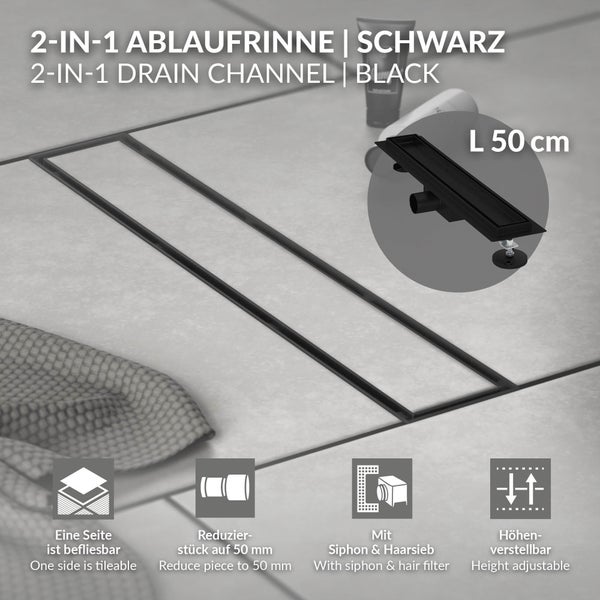 Schwarze Duschrinne 2-in-1, 50 Zentimeter Länge, befliesbar, inklusive Siphon, Haarsieb und Reduzierstück, höhenverstellbar.