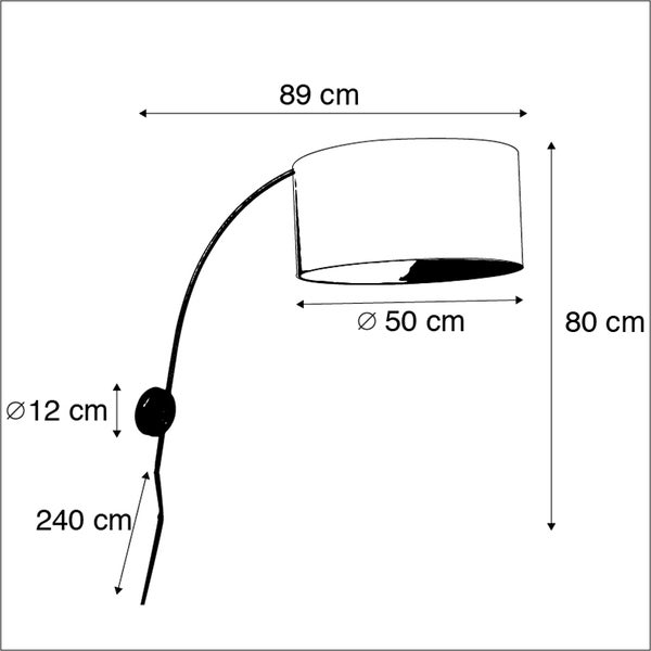 Abbildung der Maßangaben einer Stehlampe: Gesamthöhe 80 cm, Lampenschirmdurchmesser 50 cm, Lampenschirmbreite 89 cm, Fußdurchmesser 12 cm, Kabellänge 240 cm