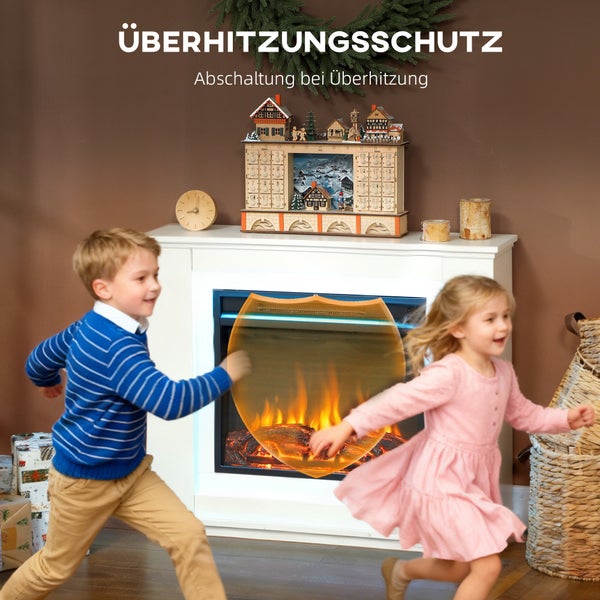 Zwei spielende Kinder vor einem weißen Elektrokamin mit realistischem Flammeneffekt und integriertem Überhitzungsschutz.