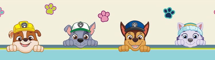 PAW Patrol Tapetenbordüre für das Kinderzimmer mit Rubble, Rocky, Chase, Everest und bunten Pfotenabdrücken.