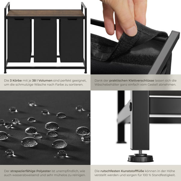 Wäschesortierer tectake  höhenverstellbare Kunststofffüße Industrial-Style, 2 oder 3 ausziehbare Fächer schwarz/braun