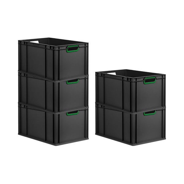 Eurobox NextGen Color, HxBxT 32x40x60cm, 65 Liter, Griffe grün offen, Verstärkter Boden, Schwarz, Eurobehälter, Transportbox, Transportbehälter, Stapelbehälter