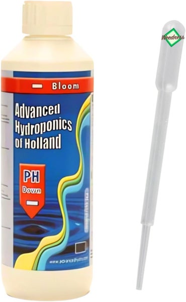 Kunststoffflasche Advanced Hydroponics of Holland PH Down Bloom zur PH-Wert-Senkung während der Blütephase und eine Pipette mit Weedness Logo.