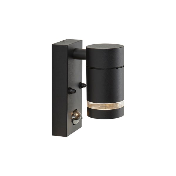 Schwarze Außenwandleuchte in Zylinderform mit integriertem Bewegungsmelder und transparentem Lichtring.