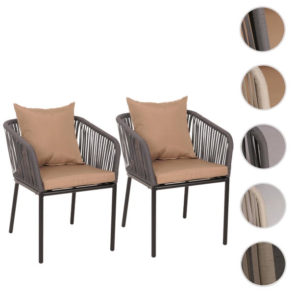 Zwei graue Gartenstühle mit Metallgestell, Seilbespannung, beigen Sitzkissen und Rückenkissen sowie Detailansichten der Seilstruktur.