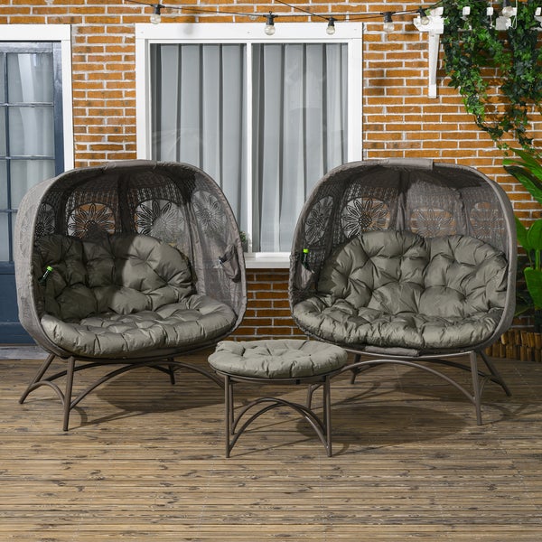 Outsunny 3tlg. Gartenstuhl-Set, Korbstuhl mit Faltbarem Sitzkorb, 126cm x 75cm x 142cm, Stahl, Sand