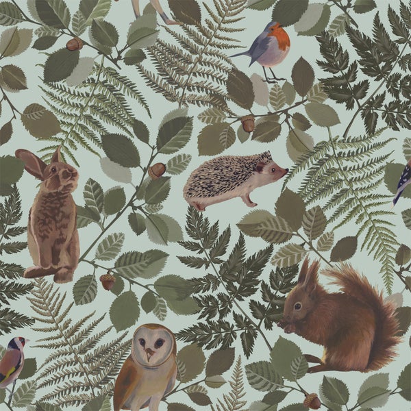 Muster mit Waldtieren, Farnen und Blättern