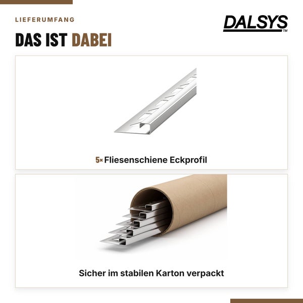 Dalsys Logo und Lieferumfang mit fünf Fliesenschienen Eckprofilen sicher verpackt in einer stabilen Papprolle.