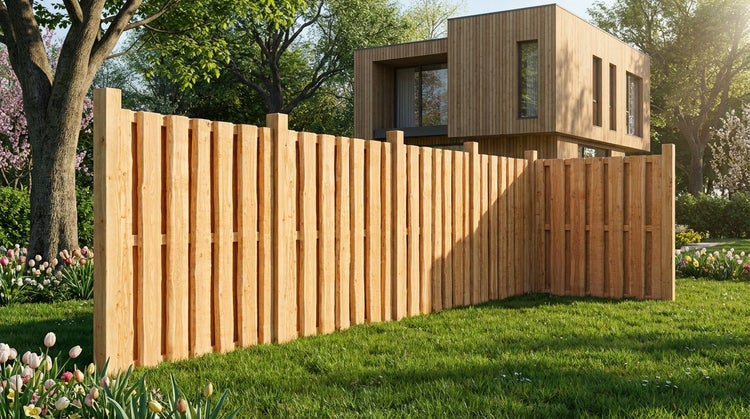 Holzzaun im Garten mit modernem Haus im Hintergrund