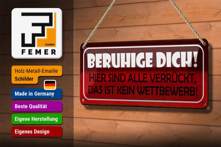Blechschild Spruch 27x10cm beruhige dich hier sind alle verrückt