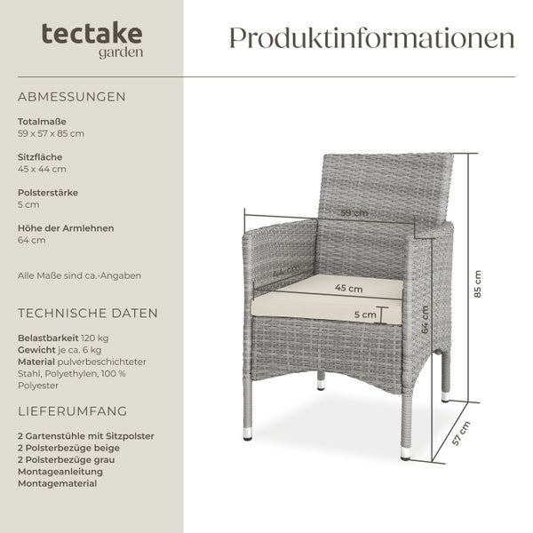2er Set Rattanstuhl tectake Nantes 59 x 57 x 85 cm widerstandsfähig hellgrau/creme