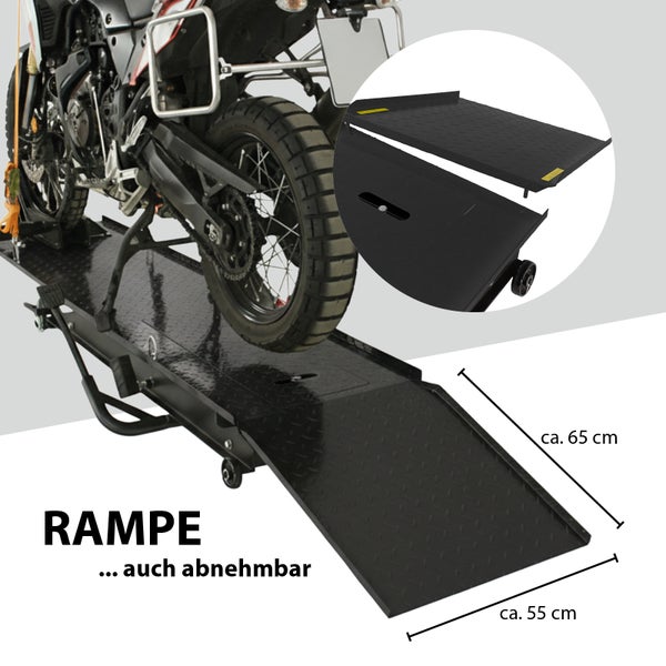 Motorrad auf Motorradhebebühne mit abnehmbarer Rampe und Maßangaben