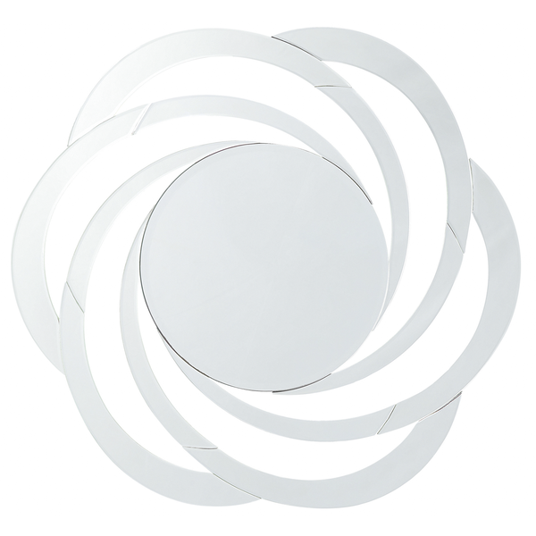 Runder Spiegel mit dekorativem Rahmen aus gebogenen Spiegelelementen.