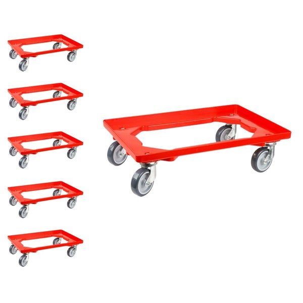 PROREGAL SparSet 6x Transportroller für Euroboxen 60 x 40 cm mit Gummiräder Rot Offenes Deck 2 Lenkrollen und 2 Bockrollen Traglast 300 kg