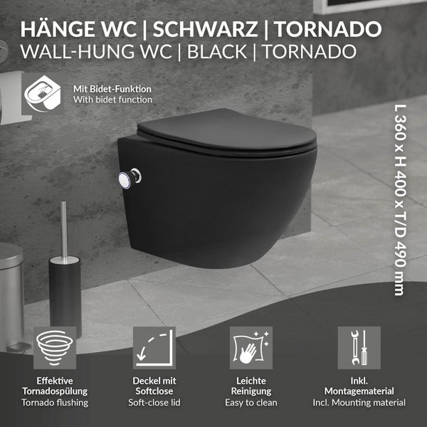 LuxeBath Wand WC Spülrandlos mit Bidet-Funktion, Schwarz matt, Tiefspüler Tornadospülung Keramik Hänge WC kurz 49cm, Dusch WC Softclose-Klodeckel abnehmbar, Kloschüssel Hängend WC-Sitz Absenkautomatik