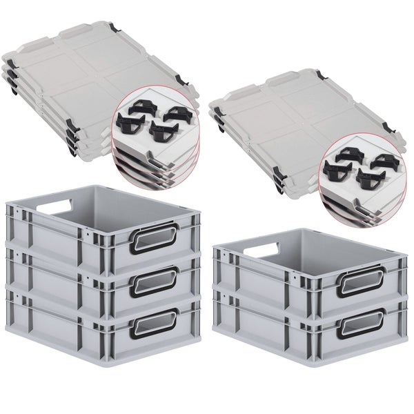 PROREGAL SparSet 5x Eurobox NextGen Color mit Auflagedeckel und Schiebeschnappverschlüsse, HxBxT 12x30x40cm, 11 Liter, Grau, Griffe schwarz offen, Eurobehälter, Transportbox, Transportbehälter, Stapelbehälter