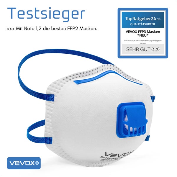 VEVOX® FFP2 Maske mit Ventil – im 20er Set – Staubmaske – Atemschutzmaske – Staubschutzmaske – Feinstaubmaske – Atemschutz z.B. gegen Feinstaub, Schleifstaub oder Baustaub