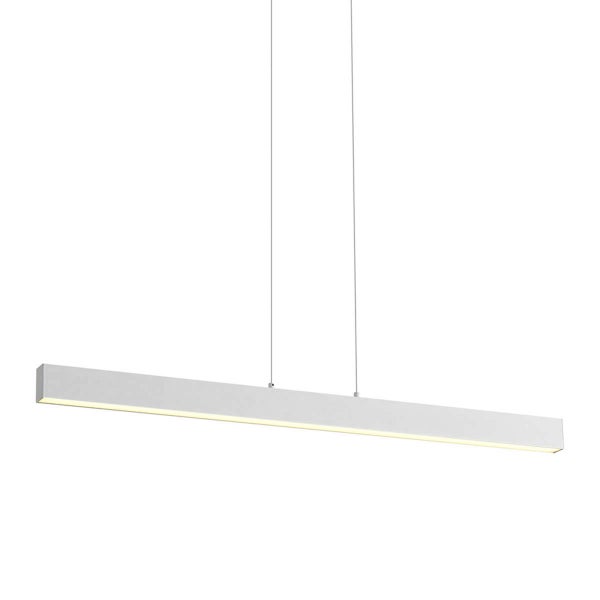 Moderne LED Pendelleuchte mit langem schmalem Leuchtenkörper an zwei Drahtseilen zur Deckenmontage