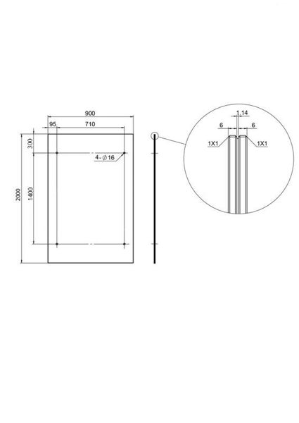 Technische Zeichnung eines Duschpaneels mit Maßangaben
